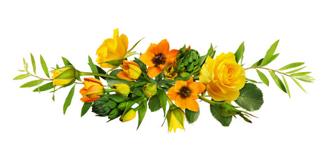 Fototapeta premium Orange ornithogalum flowers and yellow roses in a floral arrangement
