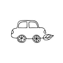 Doodle eco car illustration in vector on white background. Hand drawn eco car.