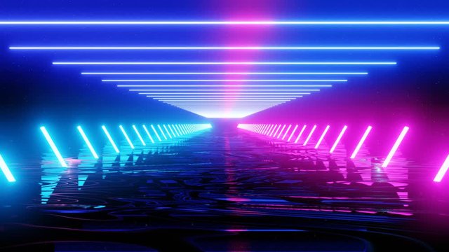Horizontal and vertical luminous lines move in space. Abstract fluorescent background. Neon background. Animation  4K loop.