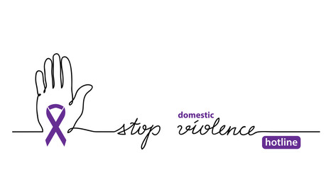Stop domestic violence hotline. Hand and violet ribbon simple vector web banner, background,illustration. One continuous line drawing banner against domestic violence.