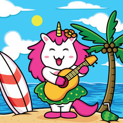 Funny unicorns playing guitar on the beach