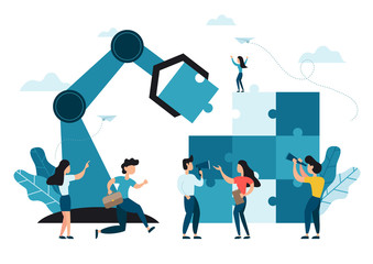 Business concept of coworking. Coworkers assembling jigsaw puzzle. Team building metaphor. People connecting puzzle elements. Symbol of teamwork, cooperation, partnership and collaboration. Vector