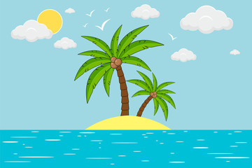 Fototapeta na wymiar Palm trees with coconuts on island with clouds, sea and birds. Tropical landscape with palm trees