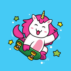 cute unicorn cartoon playing skateboard