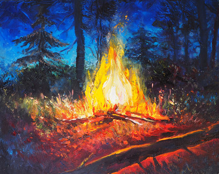 Campfire Original Oil Painting on Canvas, Forest Landscape In the Night, Hot Bonfire