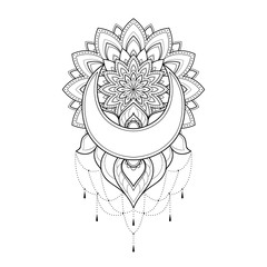 Ethnic mandala with moon and flowers for greeting card, invitation, Henna drawing and tattoo template. Moon