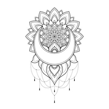 Ethnic mandala with moon and flowers for greeting card, invitation, Henna drawing and tattoo template. Moon
