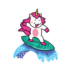 Unicorns are playing surfing on the waves