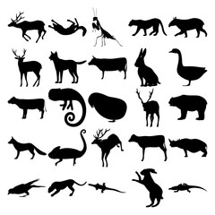 Set of 25 animals. Mantis, Jaguar, Tapir, Dog, Geese, Cow, Chick, Bear, Fox, Chameleon, Deer, Calf, Rhino, Crow, Cheetah, Komodo, Rabbit, Crocodile.