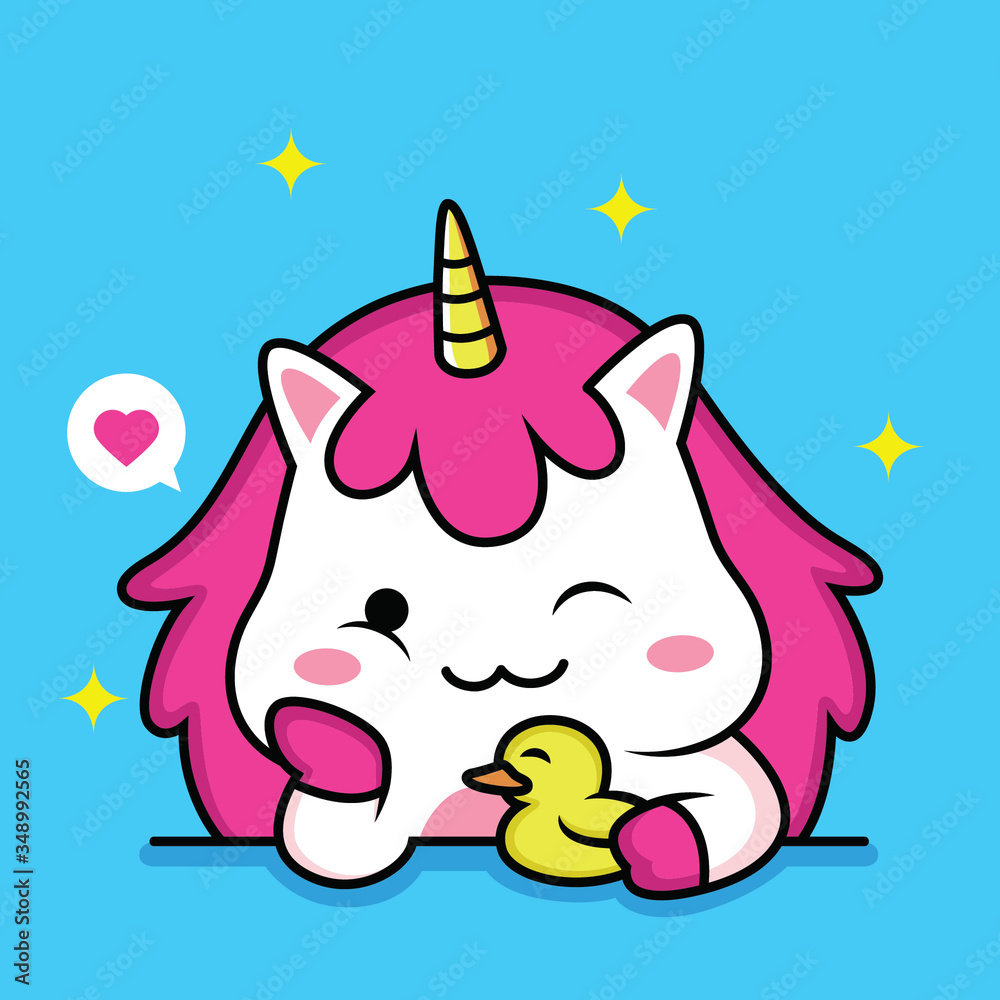 Sticker unicorn with cute duck in love