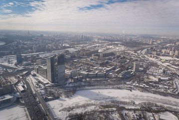 Panoramic winter view of Moscow from the height of 68 floors. Taken from one of the Moscow city towers