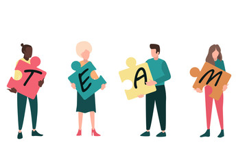 Team metaphor. people connecting puzzle elements. Vector illustration flat design style. Symbol of teamwork, cooperation, partnership.