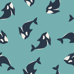 Cute flat killer whale seamless pattern. Adorable little cartoon orca vector illustration. Childish ornament for textile, fabric, print, wallpaper, wrap paper