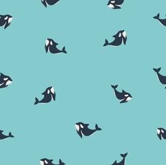 Cute flat killer whale seamless pattern. Adorable little cartoon orca vector illustration. Childish ornament for textile, fabric, print, wallpaper, wrap paper