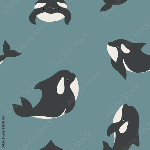 Cute Flat Killer Whale Seamless Pattern Adorable Little Cartoon Orca Vector Illustration Childish Ornament For Textile Fabric Print Wallpaper Wrap Paper Wall Mural Anna