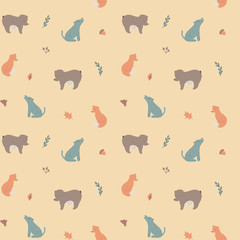 Seamless pattern with hand drawn woodland animals. Cartoon bear, wolf, fox.Creative childish background. Perfect for kids apparel, textile, nursery decoration, wrapping paper. Flat Vector Illustration