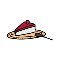 Hand drawn piece of strawberry cake on plate with spoon. Doodle icon cheesecake dessert. Flat cartoon menu element. Vector sweets illustration