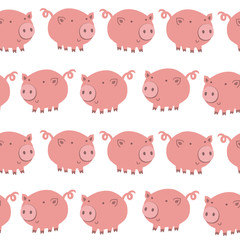 Flat cute pigs collection. Seamless pattern of piggy isolated on white background. Cartoon vector illustration for childish decoration clothes, patterns, stickers, cards, fabric, textile