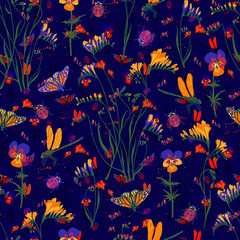 Seamless summer pattern with butterflies, dragonflies and flowers