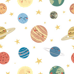 Vector seamless pattern of the planets of the Solar System in flat style. Cartoon childish The Solar System. Cute, adorable the sun, earth, mercury, venus, saturn, neptune, mars, jupiter, uranus