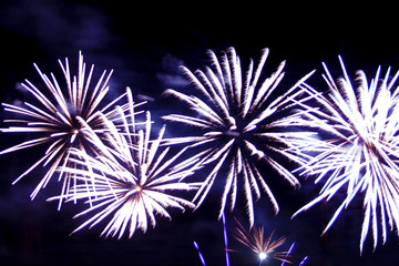 Purple sparks of a bright firework in the night sky.