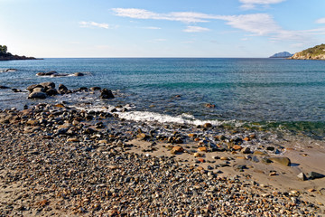 Fototapeta na wymiar Landscape of Bathing beach Porto Frailis on the rocky coast of Sardinia - Italy