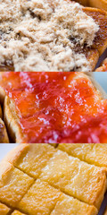 Closeup food, Set of three slices of bread with red strawberry jam, sweet milk, and dried shredded pork, Top view breakfast delicious toast with various is fast food at homemade