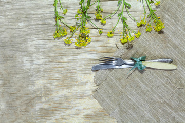 Obraz premium flatlay table setting on a wooden texture in the rustic style