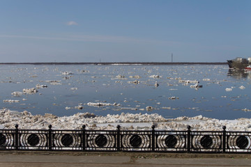 ice drift on the river in early spring