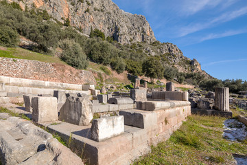 Ruins of Athena pronaia temple in Delphi with snow