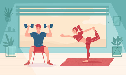 Fitness. Man lifts the dumbbells. Woman practices yoga Vector. Cartoon. Isolated art Flat