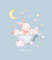 Little Bunny Takes Baths in a Cup. Cute watercolor cartoon hand drawn print can be used for t-shirt...