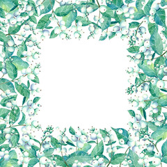 Frame with watercolor wreath of snowberry.  Place for your text. Perfect for greetings, invitations, announcement, web and wedding design. Raster.