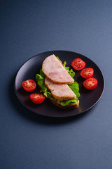 Sandwich with turkey ham meat, green salad and fresh cherry tomatoes slices on black plate, blue minimal background, angle view