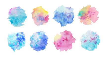 Turquoise and pink watercolor spots. Collection of abstract spots. Set of watercolor textures. Beautiful watercolor spots isolated on a white background. Abstract spots in pastel colors.