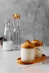 Dalgona Coffee two small cups and whisk,Korean trend home made coffee