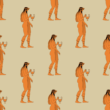 Seamless Vintage Pattern With Silhouettes Of Ancient Greek God Dionysus Holding Cup Of Wine. Vase Painting Style.	