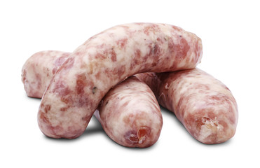 Group of raw homemade sausages, isolated on white background.
