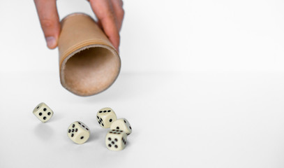 Rolling white dices with brown leather cup