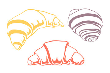 Colorful set of croissants in sketchy style isolated on white background. Doodle hand drawn desserts and pastry. Vector illustration