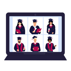 A group of multiethnic graduates in gowns and mortarboards celebrate graduation during coronavirus quarantine. Virtual online ceremony on a laptop monitor.