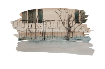 Simple urban watercolor backdrop with part of the street, frontal view. Horizontal illustration with pedestrian part, fence, trees and building with windows