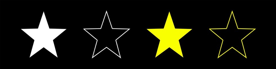 Звезды в линейной плоской конструкции. Звезды иконы. Значок звезды вектор черный и желтый цвет, изолированные. Векторная иллюстрация