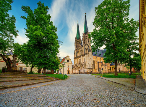 Scenic view of Wenceslas square with Saint Wenceslas Cathedral and Church of Saint Anne in Olomouc, Czech Republic