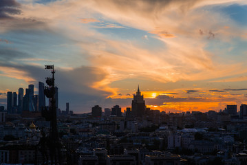 Incredible evening panoramic view of the center of Moscow . Incredible sunset over Moscow.