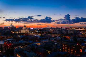Naklejka premium Incredible evening panoramic view of the center of Moscow and Cathedral of Christ the Saviour . Incredible sunset over Moscow.