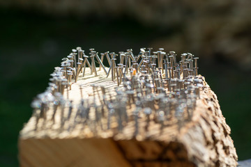 Wooden log with hundreds of nails in it.