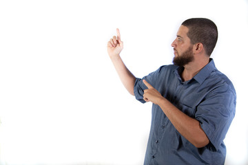 Man pointing with index fingers at white background