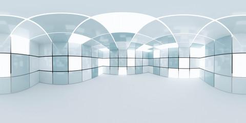 Full 360 degree equirectangular panorama hdri of modern futuristic technology building interior 3d render illustration with blue tiles - obrazy, fototapety, plakaty