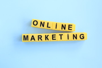 ionline marketing, nscription of yellow cubes on a blue background